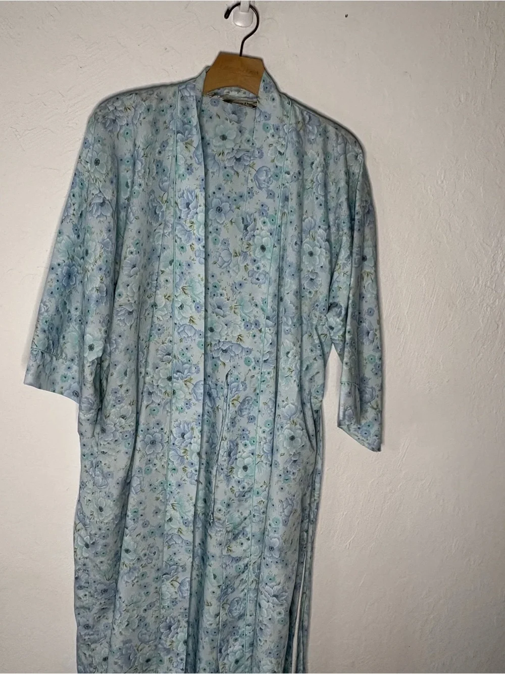 Vintage Christian Dior Lounge Wear Floral Robe Sz L Blue Teal Full Length Pocket